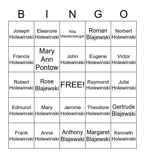 Holewinski Family Bingo Card