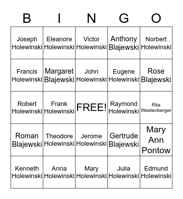 Holewinski Family Bingo Card