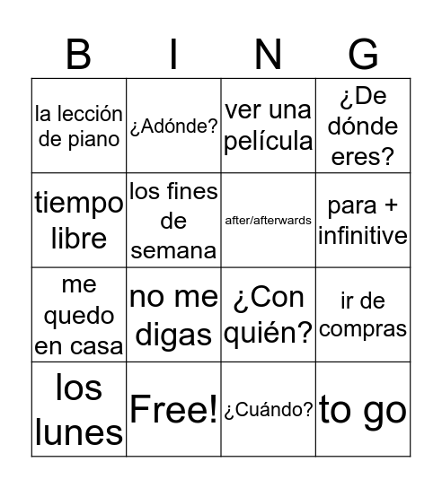 4A Vocabulary Bingo Card