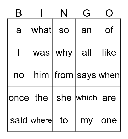 Trick Words Bingo Card