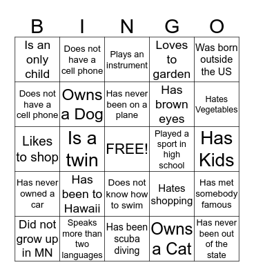 Getting to know you Bingo Card