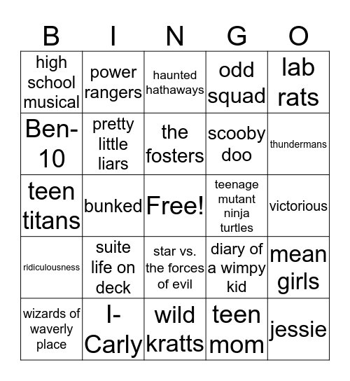 Teen Television Shows Bingo Card