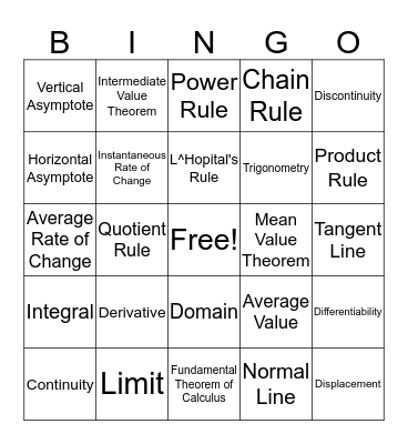 Calculus AB Bingo Card