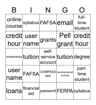 College Survival 101 Bingo Card