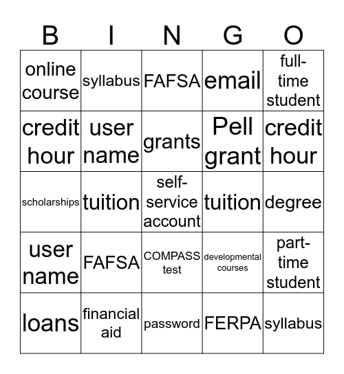 College Survival 101 Bingo Card