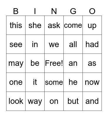 SIGHT WORDS  Bingo Card