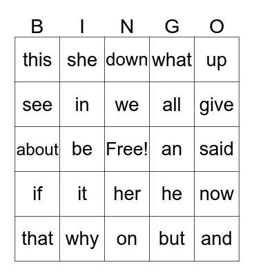 SIGHT WORDS  Bingo Card