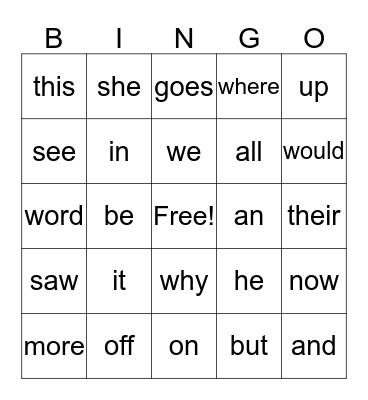 SIGHT WORDS  Bingo Card