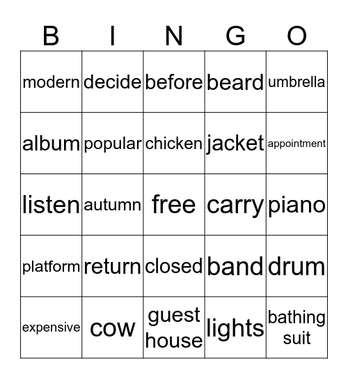 Vocabulary 2 Bingo Card