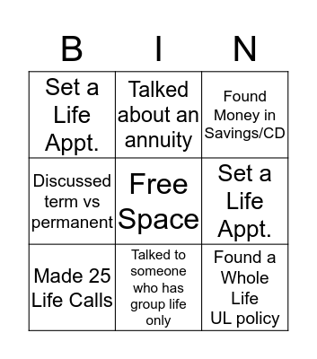 Life Insurance Bingo Card