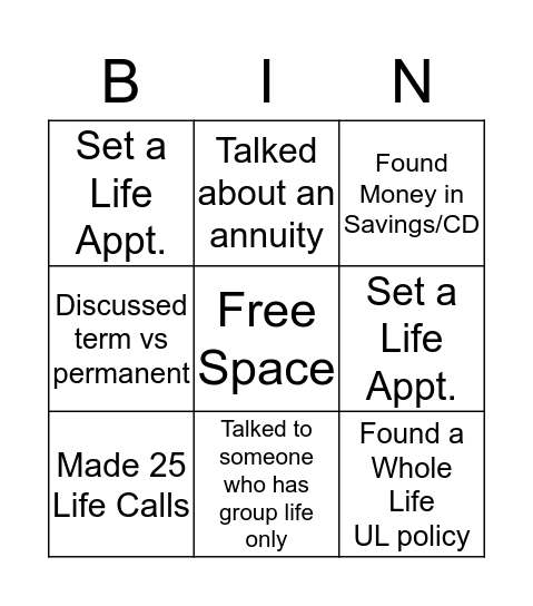 Life Insurance Bingo Card