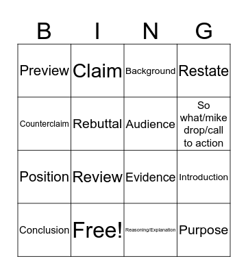 Persuasive Speech Bingo Card