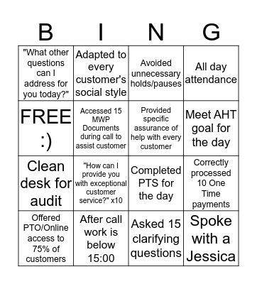 Daily Goals Bingo Card