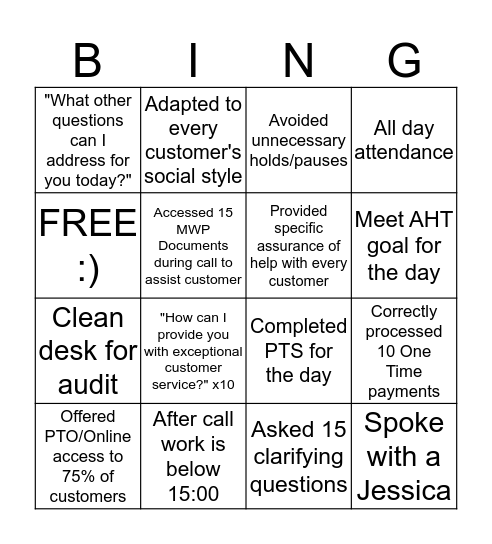 Daily Goals Bingo Card