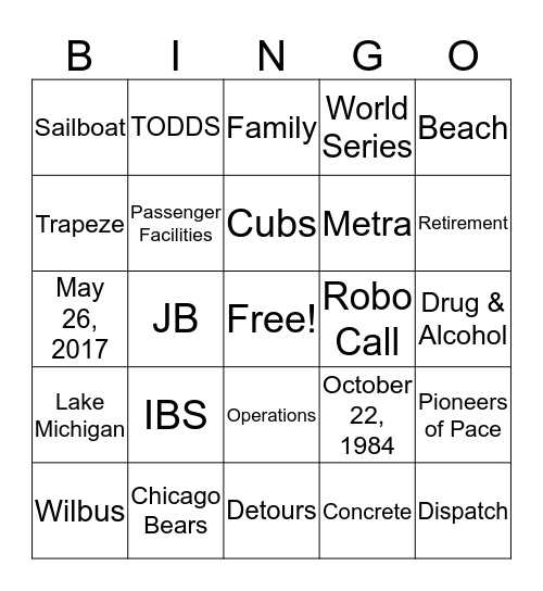 JB's Retirement Bingo Card