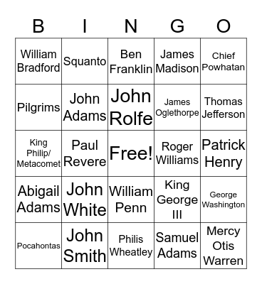 American History People Bingo Card