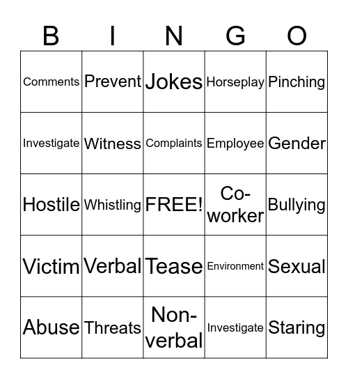 Harassment/Sexual Harassment/Bullying Bingo Card