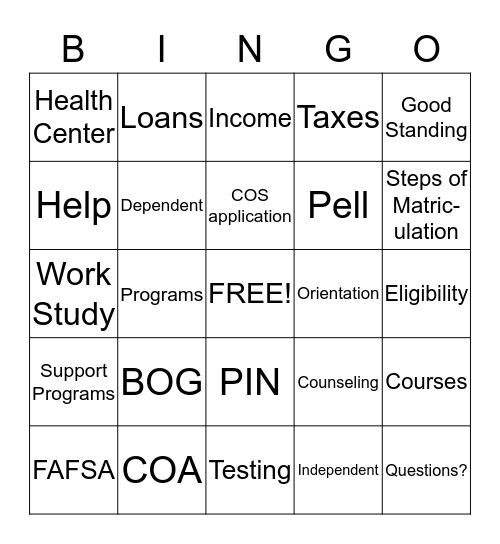College of the Sequoias Bingo Card