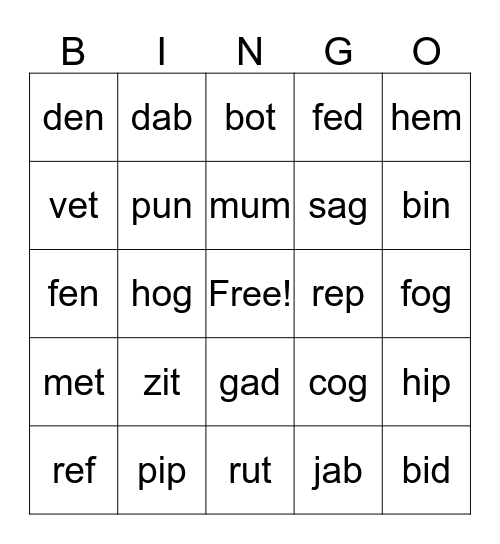 Short Vowel Words CVC 6 Bingo Card