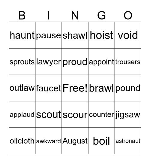 au/aw, ou, oi/oy Bingo Card