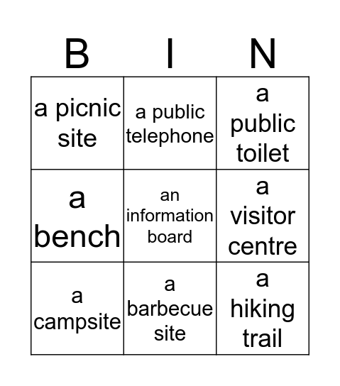 Things and places in a country park Bingo Card