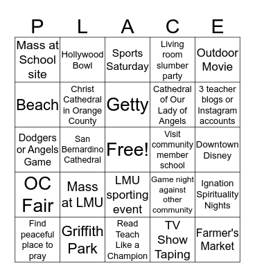 PLACE Corps Bingo Card