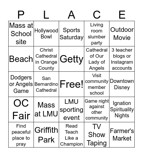PLACE Corps Bingo Card