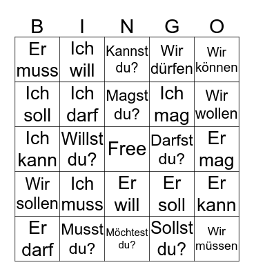 Modal Verbs Bingo Card