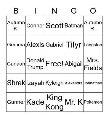 Our Names Bingo Card