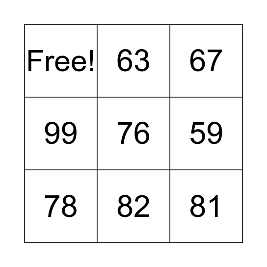 Numbers 50-100 (2) Bingo Card