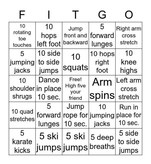 Fitgo Bingo Card
