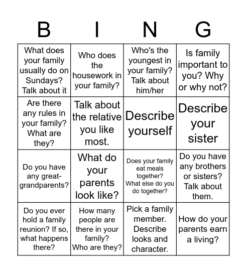 Talk about family Bingo Card