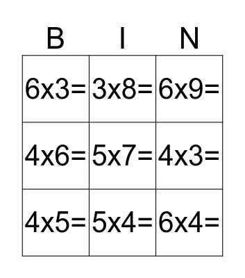 Multiplication Bingo Card