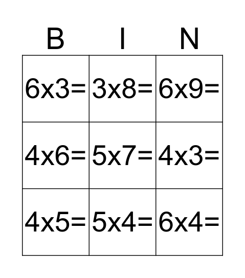 Multiplication Bingo Card