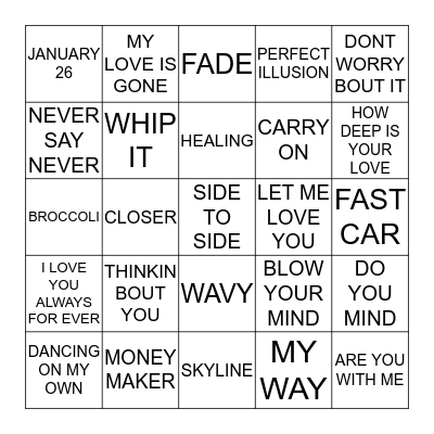 HIT SONGS 2016 Bingo Card