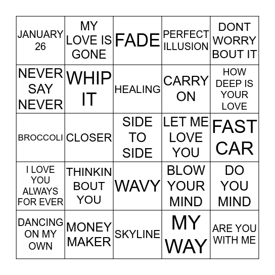 HIT SONGS 2016 Bingo Card