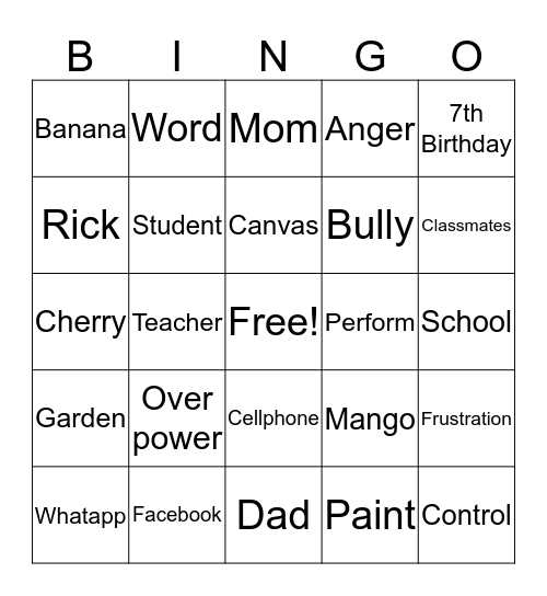 Control Your Anger  Bingo Card