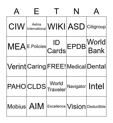 Aetna Bingo Card