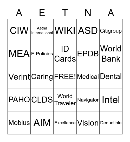 Aetna Bingo Card