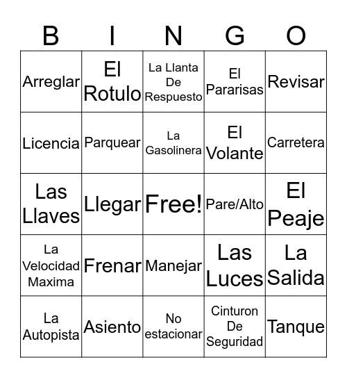 Manejando y Coches Bingo Card