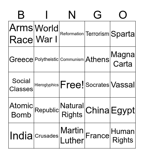 World History Bingo Card