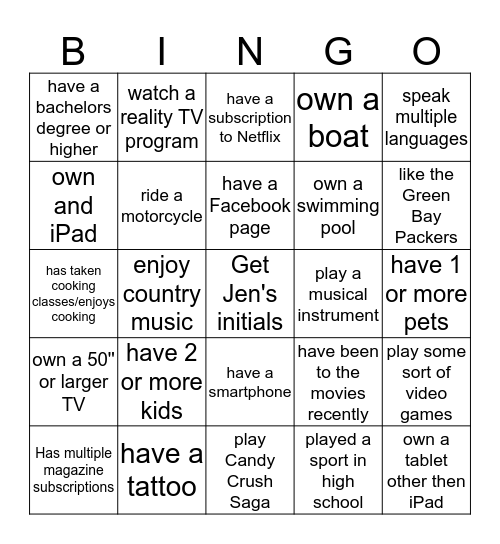 "I do that" Bingo Card