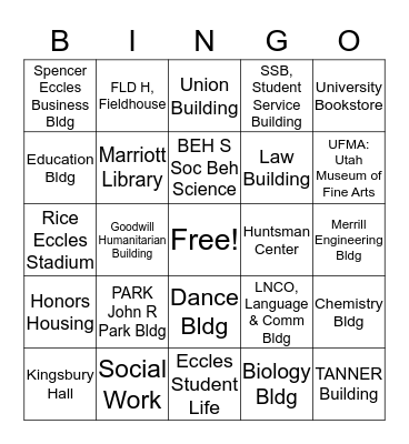 University of Utah Bingo Card