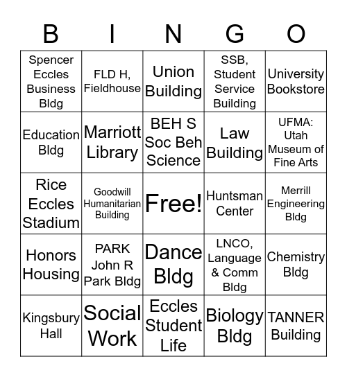 University of Utah Bingo Card