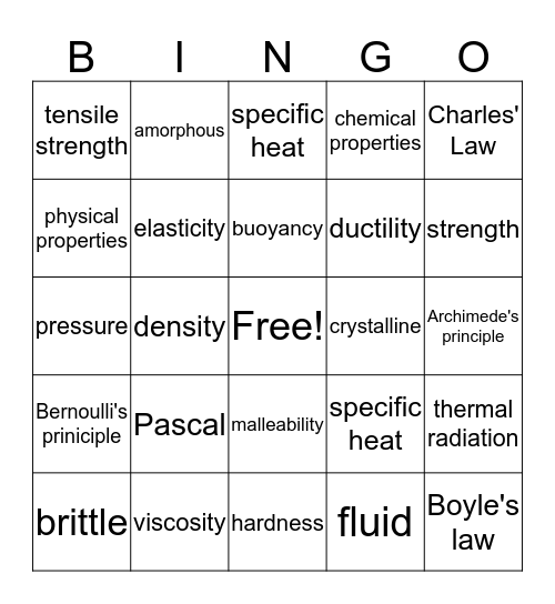 Properties of Matter Bingo 3 Bingo Card