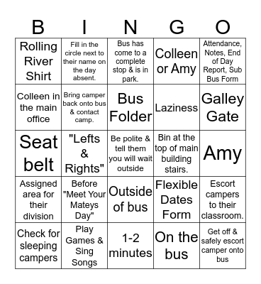 Bus Counselor Bingo Card