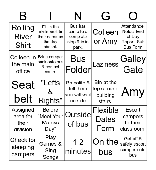 Bus Counselor Bingo Card