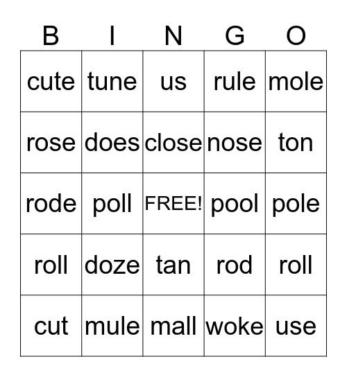 Long o and Long u Bingo Card