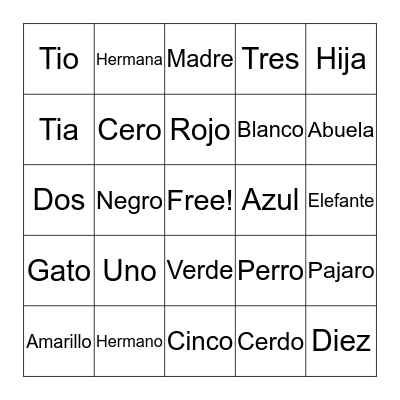 Español Bingo Card
