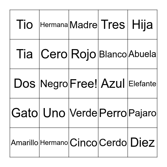 Español Bingo Card